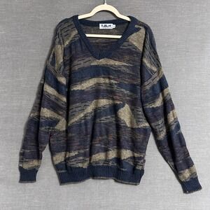 Vintage Lavane NY Sweater XL Blue Beige Abstract Grandpa 3D V Neck 90s y2k USA